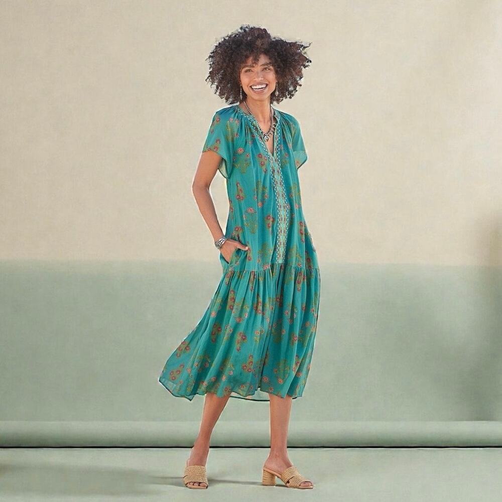 Sundance Solstice Beauty Teal Embroidered Floral Dress w/ belt Large Bohemian
